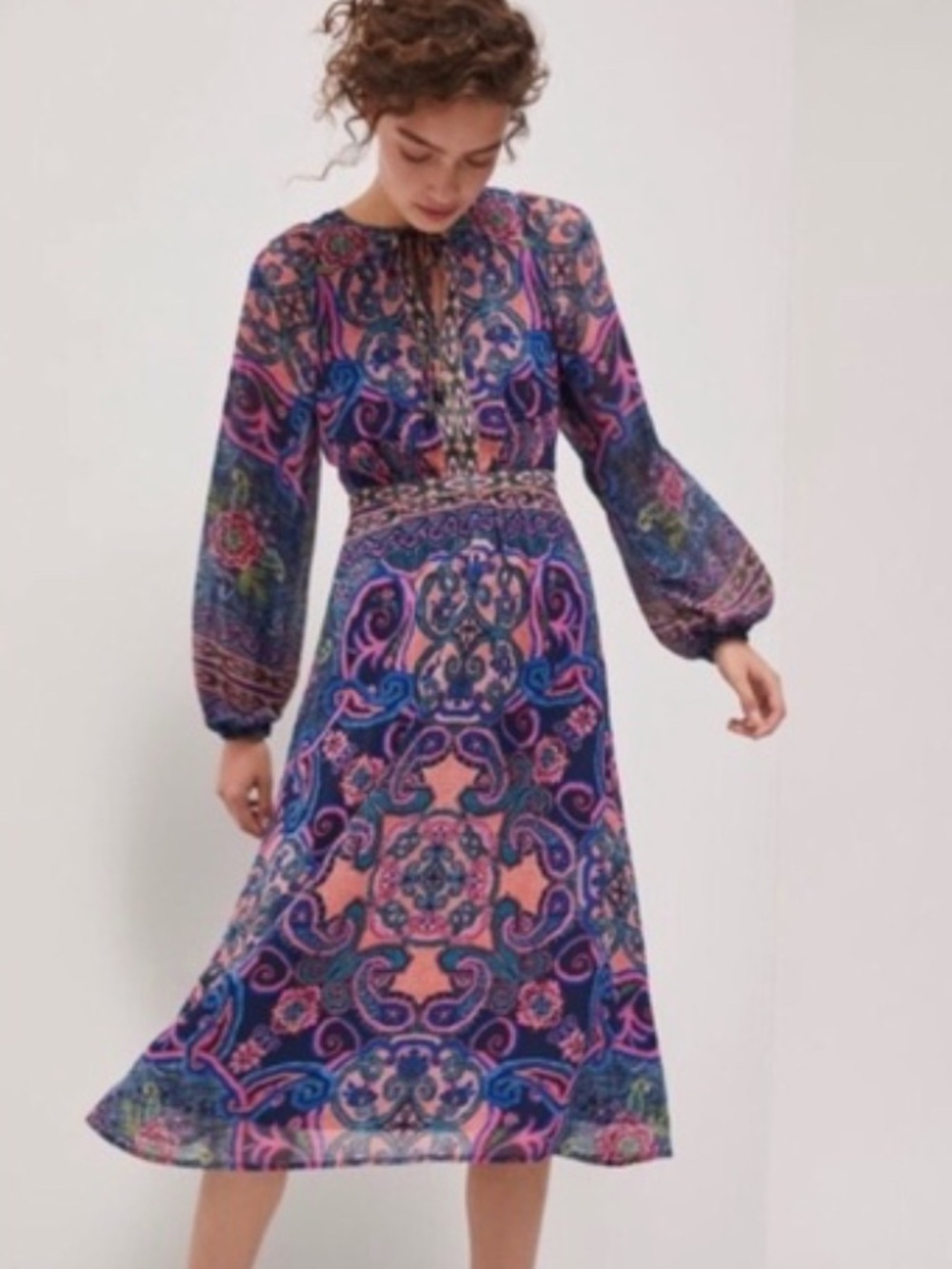 Anthropologie Navy Floral Paisley Midi Dress with Pink Accents